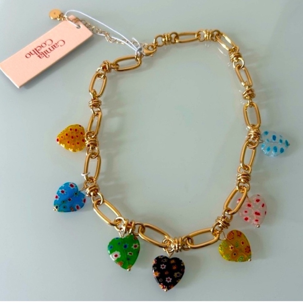 👉✨️Camila Coelho Gold Necklace with Colorful Heart Charms